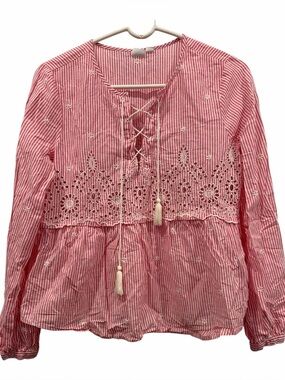 GAP Pink Striped Lace-Up Embroidered Peasant Top